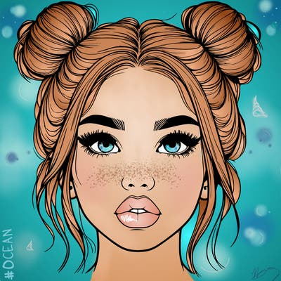 realistic girl with two buns on her hair and lips