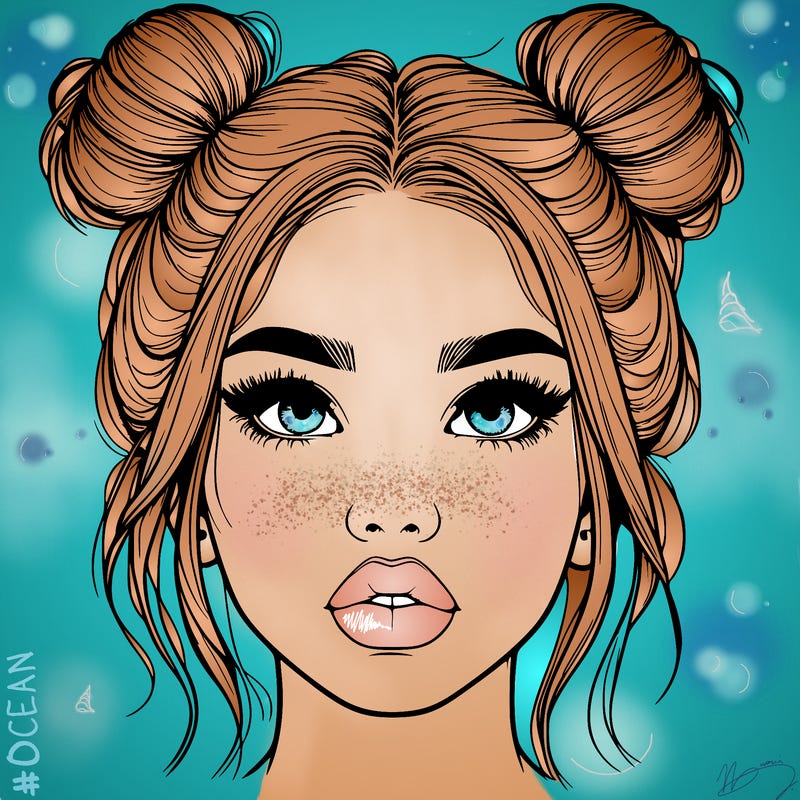 realistic girl with two buns on her hair and lips