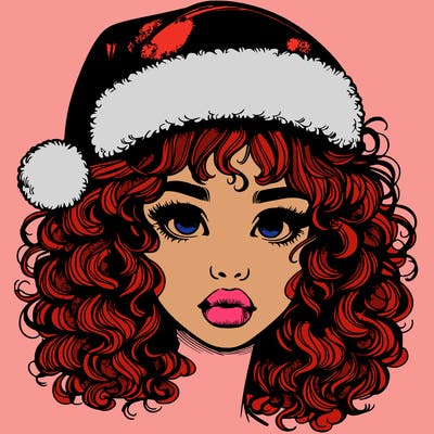 realistic girl with a santa hat curly hair and lips