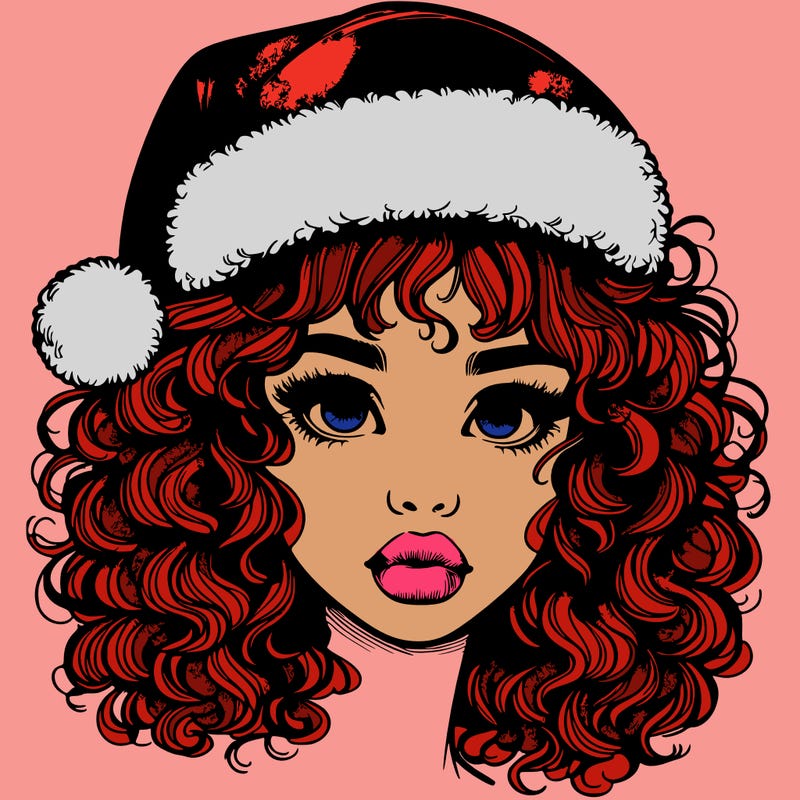 realistic girl with a santa hat curly hair and lips