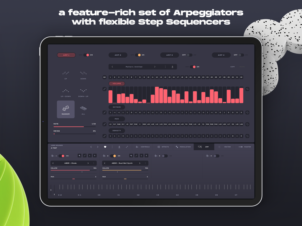 Soundbox - Instrument Platform - A professional music production interface on iPad showing Soundbox Arpeggiator and step sequencer controls with volume and octave parameters.
