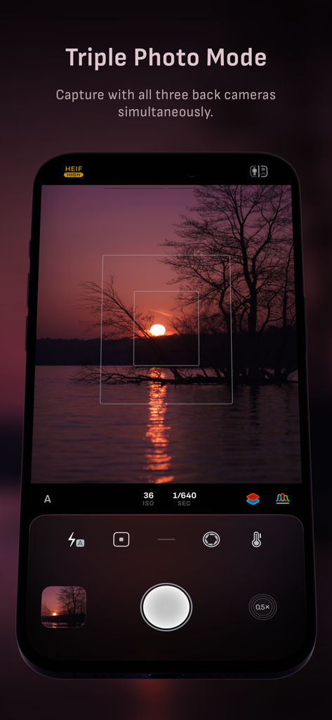Camera M interface displaying the Triple Photo Mode for simultaneous capture using all three iPhone camera lenses.