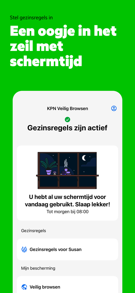 KPN Veilig Browser - KPN Veilig Browser app interface displaying family rules and a screen time limit notification