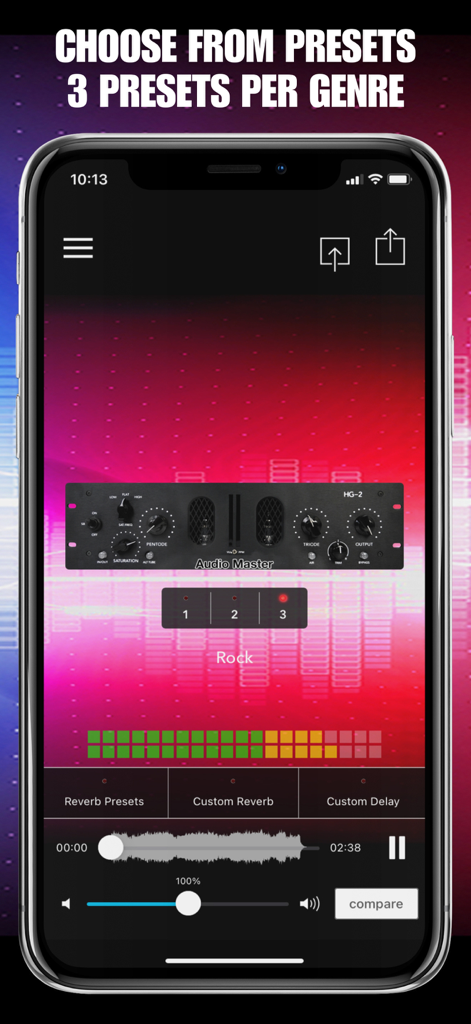 Smartphone screen showing the AudioMaster app interface with three mastering presets for the Rock genre