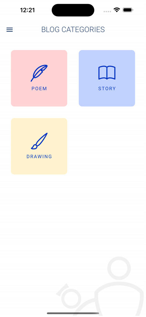 UNIQ Qatar app screen showing blog categories for poem story and drawing