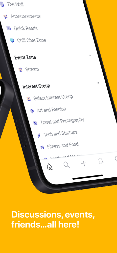 Epic.U - La interfaz de la aplicación móvil Epic.U que muestra varios grupos de interés de la comunidad como Tecnología y Startups, y Fitness y Comida.
