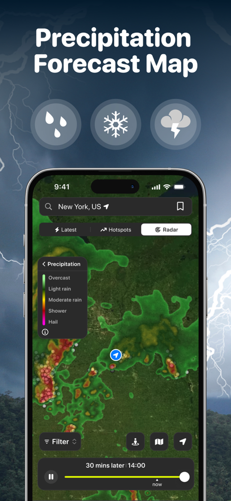 Lightning Tracker My Radar Map - App Lightning Tracker che mostra una mappa di previsione delle precipitazioni in tempo reale con pioggia codificata a colori e intensità della tempesta