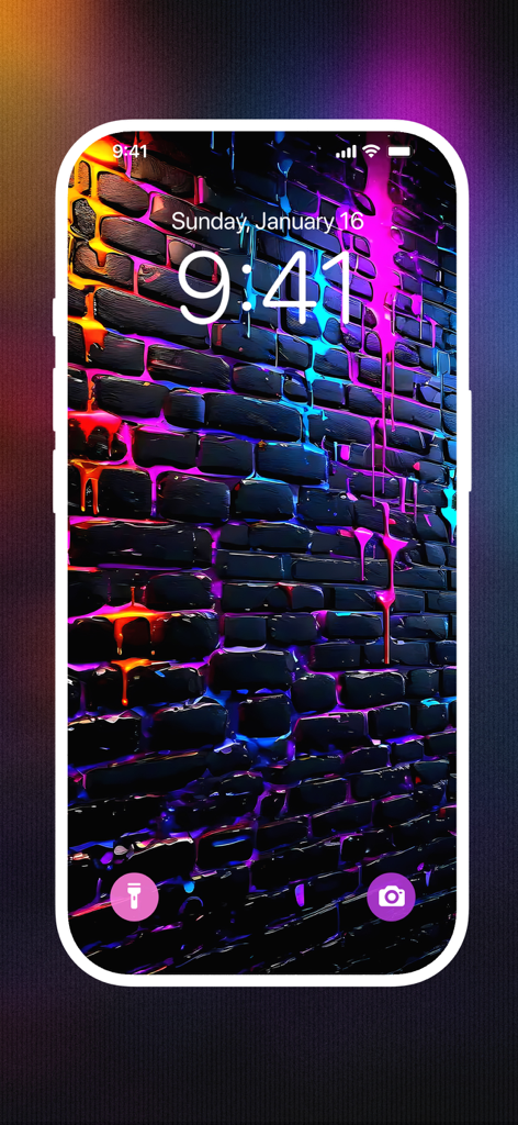 iPhone lock screen featuring a 4K wallpaper with neon blue and pink paint dripping on a dark brick wall