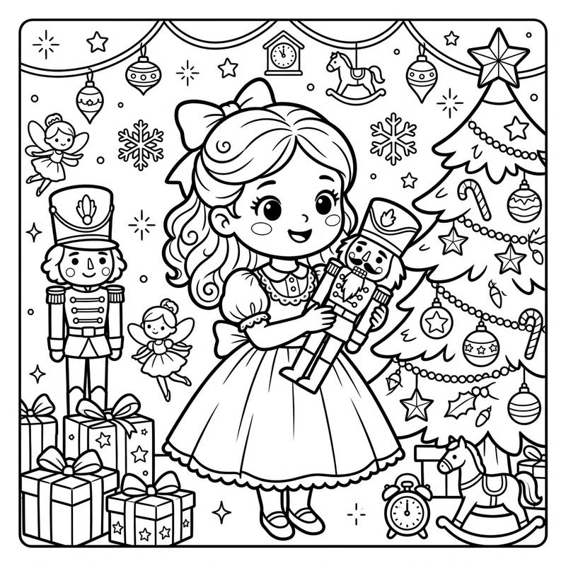 Step into the enchanting world of The Nutcracker with this delightful coloring page featuring Clara Stahlbaum and her beloved Nutcracker doll. Perfect for young artists, this festive scene captures the magic of Christmas Eve with charming characters and holiday details.