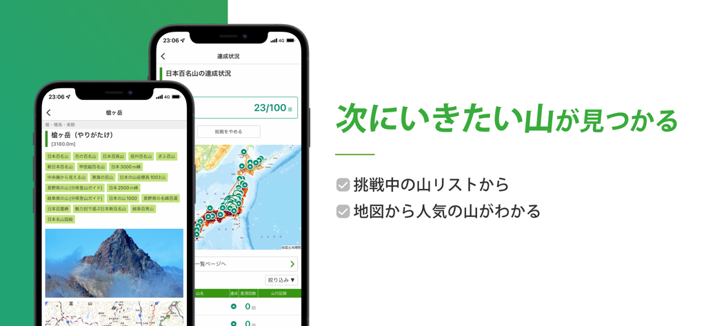 ヤマレコ　山登りがもっと楽しくなる登山アプリ - Interfaz de la aplicación Yamareco mostrando listas de montañas y un mapa de progreso para senderistas