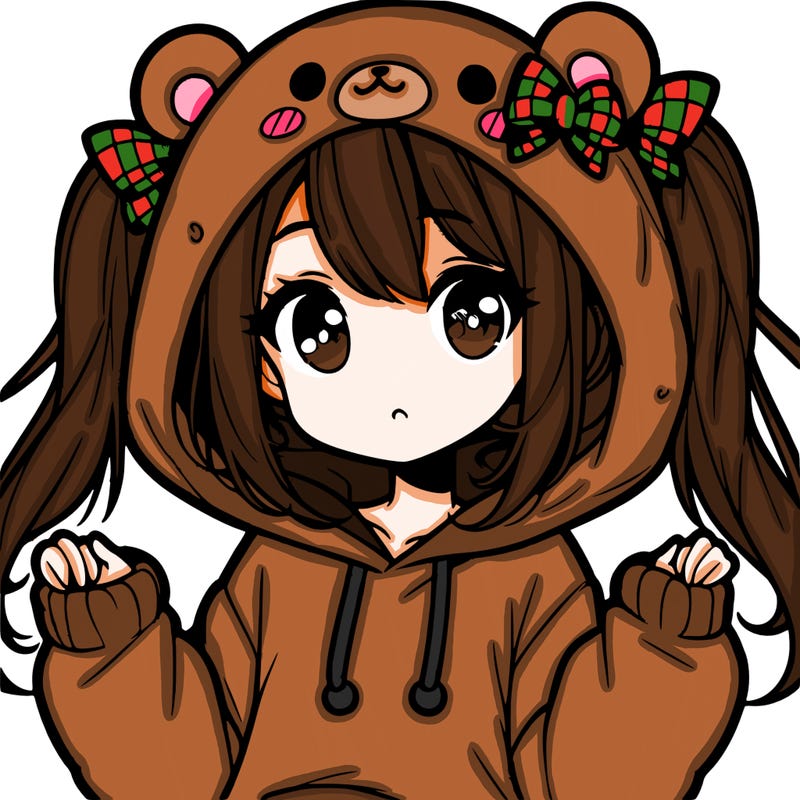 cute anime girl with ponytails and a cute bear hoodie