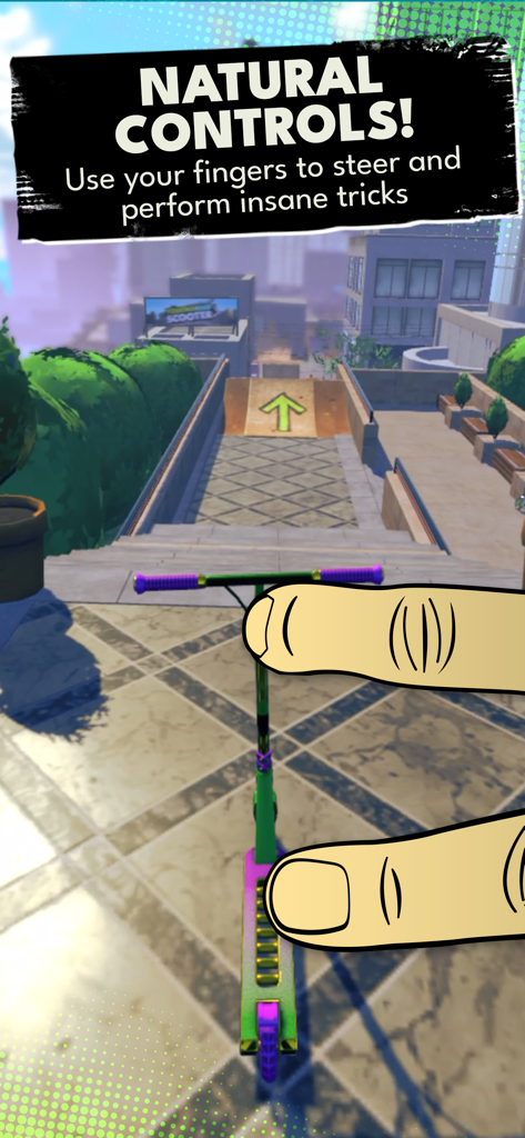 Touchgrind Scooter - A screenshot of Touchgrind Scooter showing the two-finger control system used to steer and perform tricks in a 3D urban environment