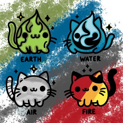 4 cats that represent the different elements, earth, water, air, and fire