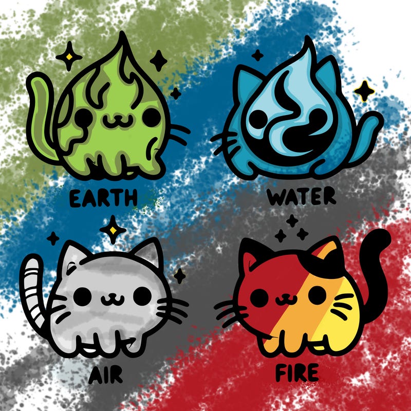 4 cats that represent the different elements, earth, water, air, and fire