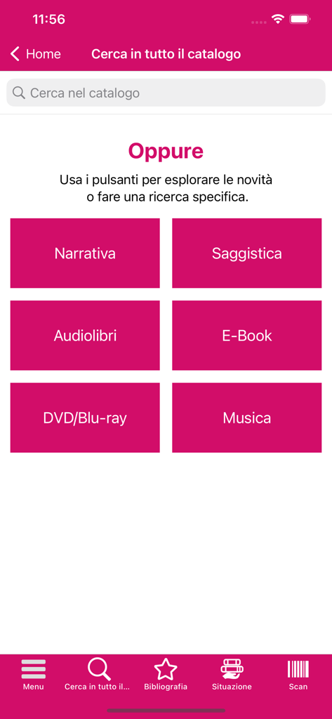 TVB - Interfaccia di ricerca dell'app bibliotecaria TVB che mostra categorie per narrativa, saggistica, audiolibri ed e-book.