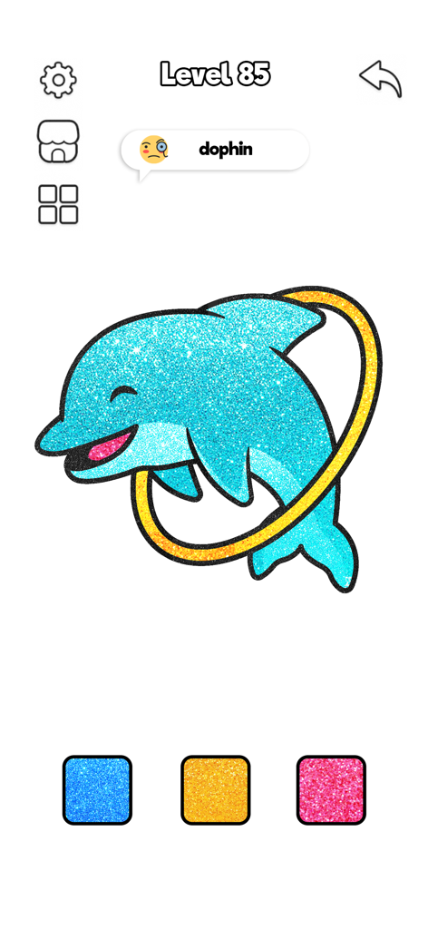 ASMR Coloring Book: Paint Game - A blue glittery dolphin jumping through a yellow hoop in the ASMR Coloring Book Paint Game app interface
