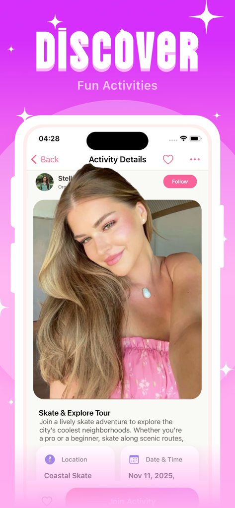 Lida - Connect & Share - Lida app interface displaying details for a skate and explore tour event