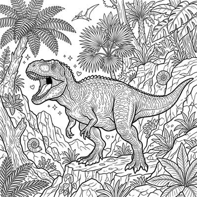 Journey back to the age of giants with this thrilling Giganotosaurus coloring page, featuring the mighty carnivore amidst a lush prehistoric jungle. This intricate design offers hours of creative exploration for dinosaur enthusiasts of all ages.