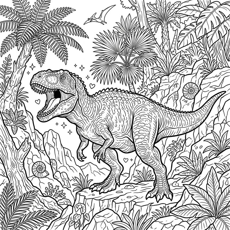 Journey back to the age of giants with this thrilling Giganotosaurus coloring page, featuring the mighty carnivore amidst a lush prehistoric jungle. This intricate design offers hours of creative exploration for dinosaur enthusiasts of all ages.