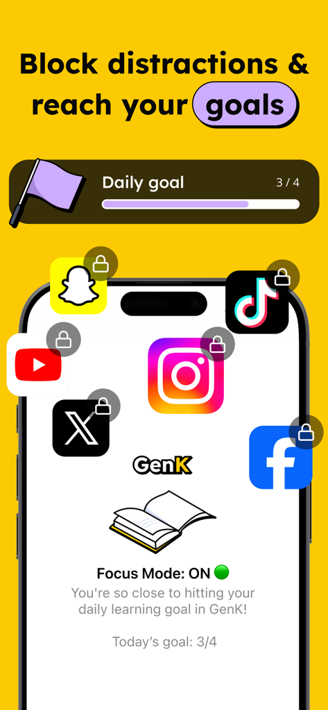 GenK Focus Mode interface showing blocked social media apps and daily learning goal progress