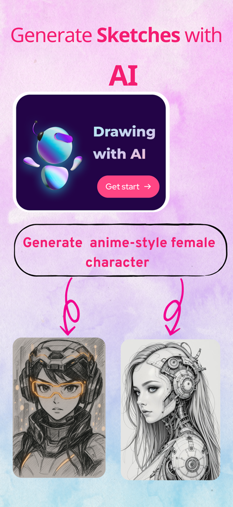 AI sketch generation screen showing two anime style female character drawings created from a text prompt.