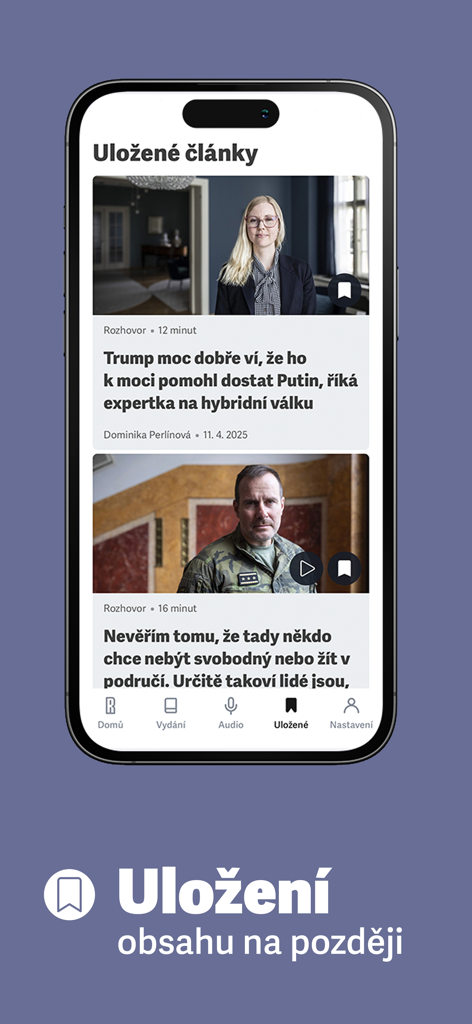 Respekt - Una pantalla de smartphone que muestra la sección de artículos guardados de la aplicación de noticias Respekt con titulares en checo.