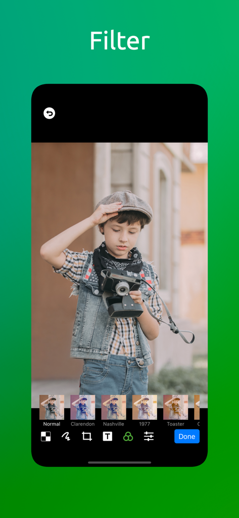 Mosaic - Photo Blur & Pixelate - iPhone screenshot of the Mosaic app showing various photo filters like Clarendon and Nashville applied to a picture of a boy holding a vintage camera.