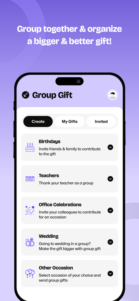 Pantalla de la aplicación YOUGotaGift para organizar regalos grupales para cumpleaños, bodas y celebraciones en la oficina