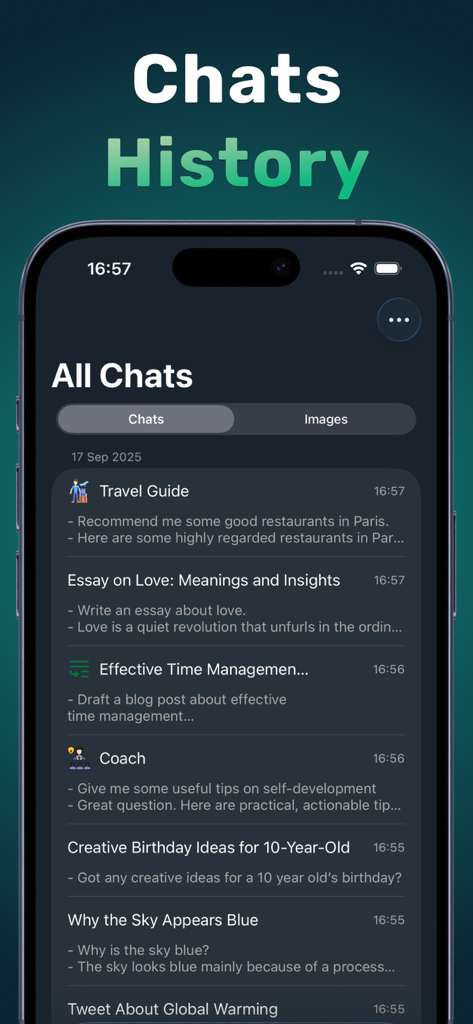 Xenova: AI Chat & Assistant - Xenova AI Chat history screen showing a list of conversations on various topics like travel and productivity.