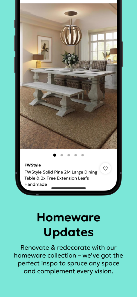 Debenhams app screen displaying a large solid pine dining table in a rustic dining room setting