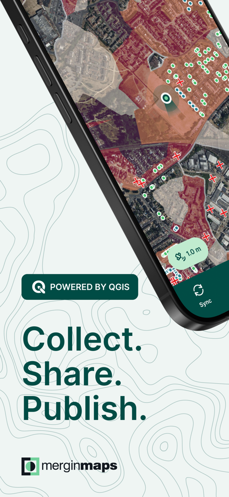 Mergin Maps app screen showing topographic mapping and field data collection