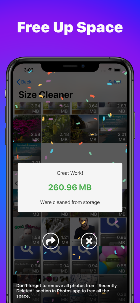 Phone Cleaner for iPhone, iPad - Una pantalla de smartphone mostrando un mensaje de éxito por liberar más de 260 megabytes de almacenamiento en la aplicación Phone Cleaner.