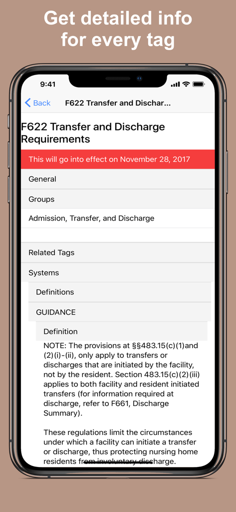 LTC SOM Regs - LTC SOM Regs app screen displaying F622 Transfer and Discharge Requirements with detailed guidance and definitions.
