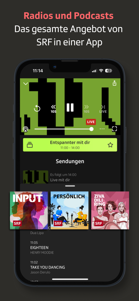 Interfaccia dell'app mobile Play SRF che mostra la sezione radio e podcast con streaming live e programmi in evidenza