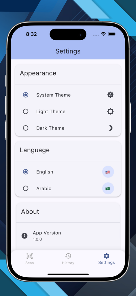 Écran des paramètres utilisateur dans l'application QR Scanner Without ADS pour la personnalisation du thème et de la langue