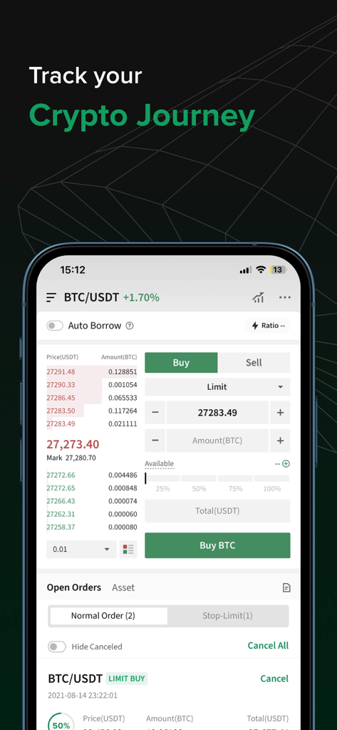 Interfaccia di trading BTC USDT sull'app mobile Poloniex