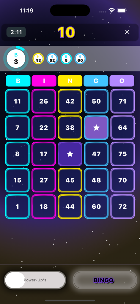 Atomia Games: Multiplayer Fun - A colorful multiplayer bingo game interface with a five by five number grid and active gameplay timer