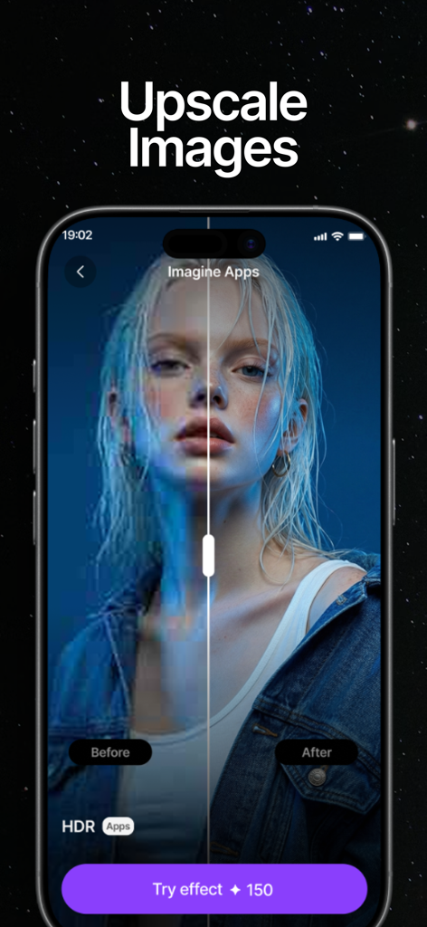 ImagineArt: AI Video Generator - Interfaz de la aplicación ImagineArt que muestra una comparación de antes y después de una imagen siendo mejorada y ampliada por IA.