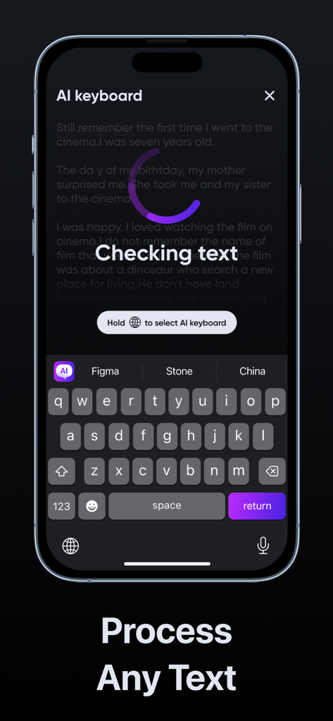 AI Keyboard, Writing Assistant - Interface de l'application Clavier IA montrant la fonctionnalité de vérification de texte sur un appareil mobile