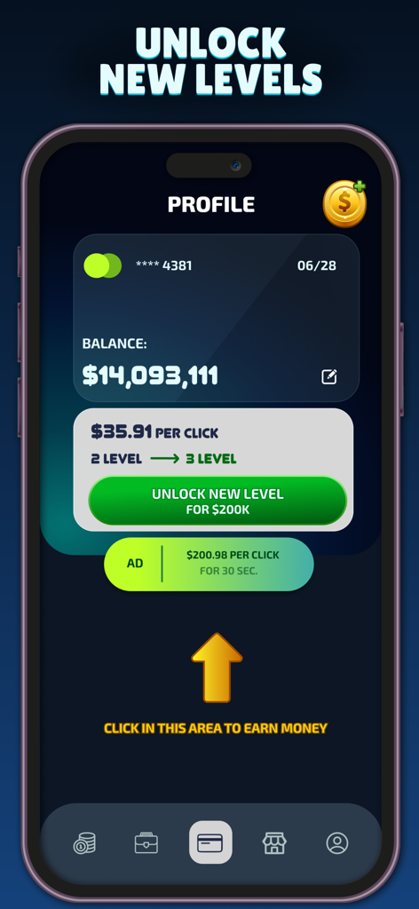 Money Clicker: Business Tycoon - Pantalla de perfil del juego Money Clicker que muestra el saldo bancario virtual y el botón de mejora de nivel