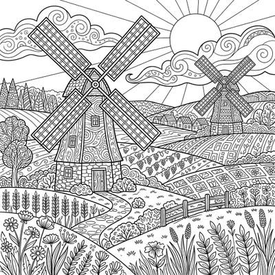 Discover peace and artistic expression with this beautiful adult coloring page featuring rural windmills. Immerse yourself in a finely detailed countryside scene, perfect for stress relief and creative exploration.