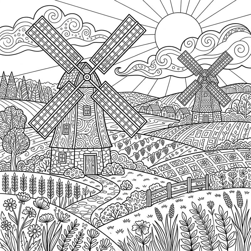Discover peace and artistic expression with this beautiful adult coloring page featuring rural windmills. Immerse yourself in a finely detailed countryside scene, perfect for stress relief and creative exploration.