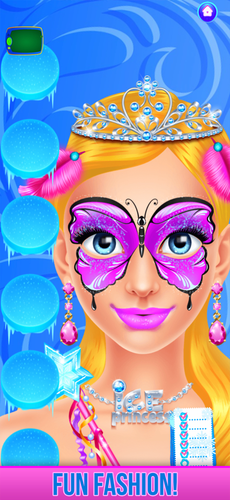 Ice princess with a purple butterfly face paint design and a sparkly tiara