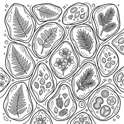 Dive into the fascinating world of paleobotany with this intricate coloring page featuring ancient plant inclusions preserved in amber. Discover delicate ferns, tiny seeds, and fossilized flowers awaiting your creative touch.