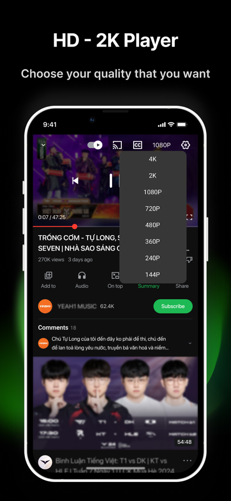 Pure Tuber Pro : Music & Video - Pure Tuber Pro video player interface with a resolution selection menu showing quality options from 144p up to 4K
