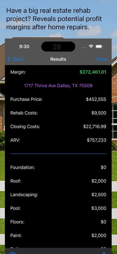 House Flip Analysis - Real estate investment app showing profit analysis and rehab costs for a property flip
