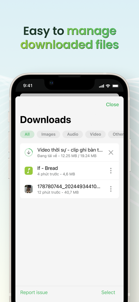 Cốc Cốc: Web Browser & Adblock - Interfaz del gestor de descargas del navegador Coc Coc mostrando una lista de videos y archivos descargados en un smartphone