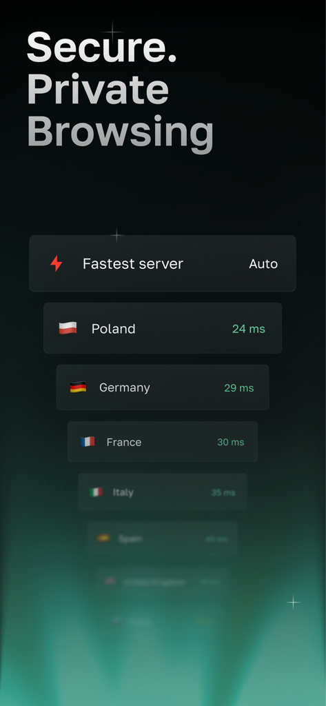Red VPN - Speed Tunnels - Red VPN interface displaying server locations like Poland and Germany with connection speeds for private browsing