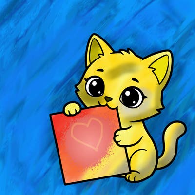 a small cat with a blank sheet of paper in its hand. the cat is sooooooo cute!