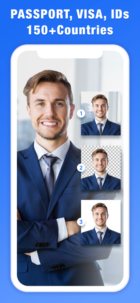 Demonstration of the passport photo maker app showing the background removal process for official ID photos.